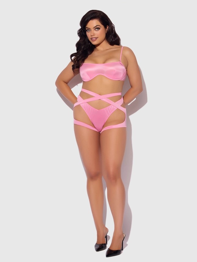 Slick Bandeau Bra, Wrap Garter, & Thong Set XL