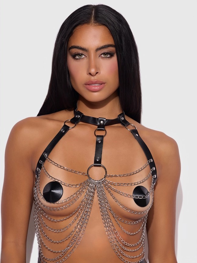 Chain & Leather-Like Draped Harness OS